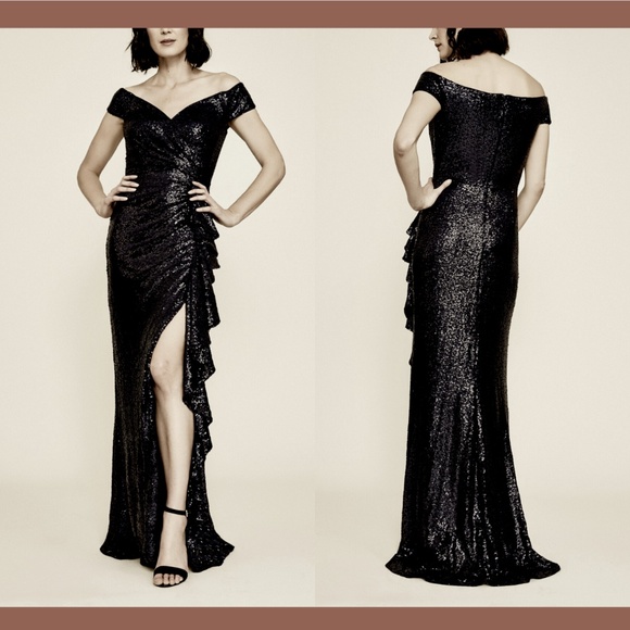 EUC Tadashi Shoji [ XL‎ ] Hurley Off Shoulder Sequin Gown in Black - Picture 1 of 13